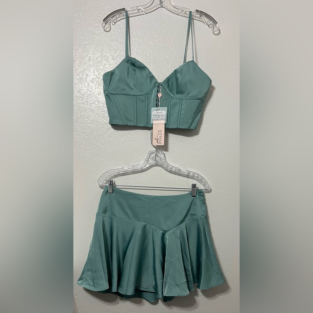 Oh Polly Satin- Coquette Look Corset Crop Top & Flowy Mini Skirt Set Size 8